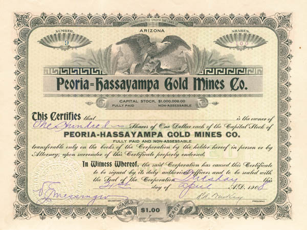 Peoria=hassayampa Gold Mines Co. - Stock Certificate